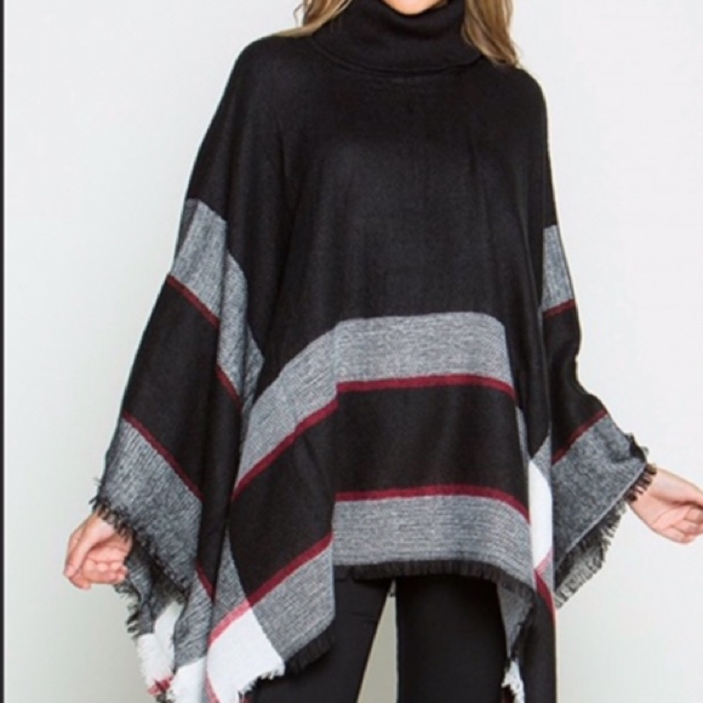 Turtleneck Plaid Poncho - Picture 1 of 7